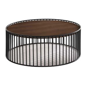 Limari Home Bronson Round Modern Metal and Veneer Coffee Table in Walnut/Black