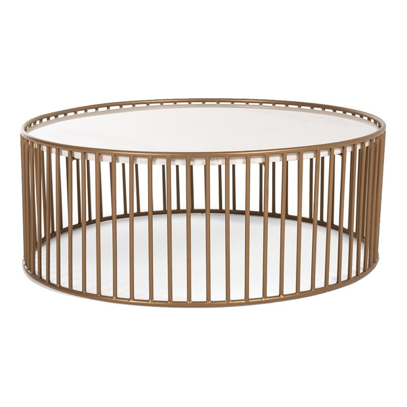 Limari Home Eleanor Round Metal and Faux Marble Coffee Table in White/Gold