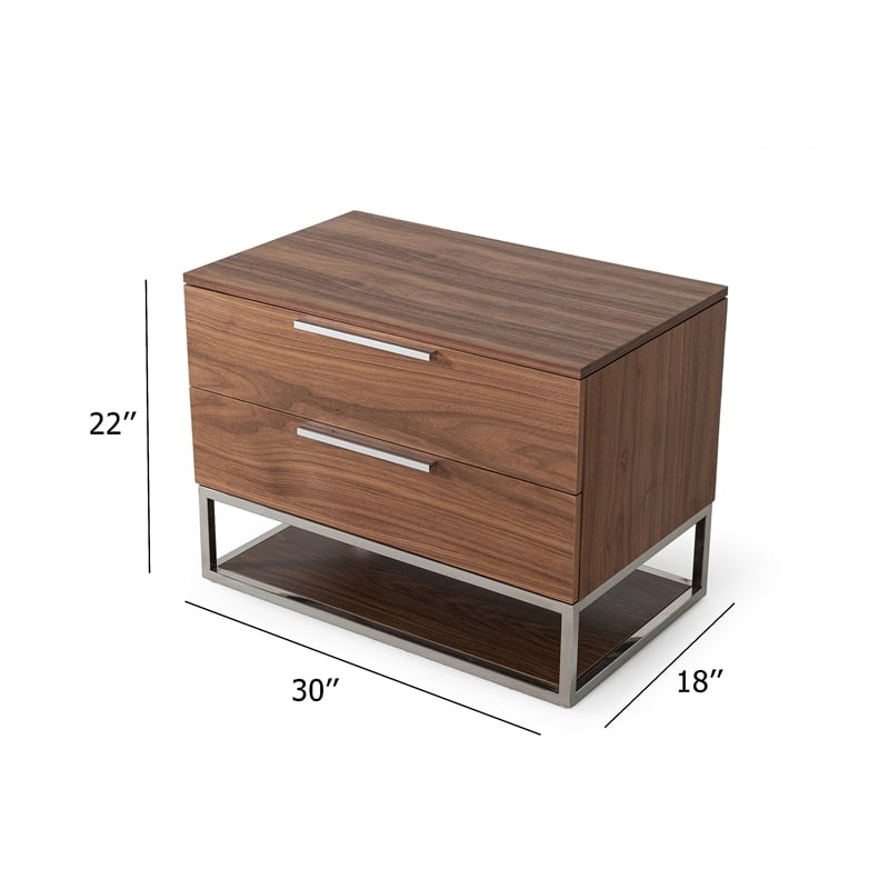 Limari Home Heloise Contemporary Wood and Stainless Steel Nightstand in Walnut