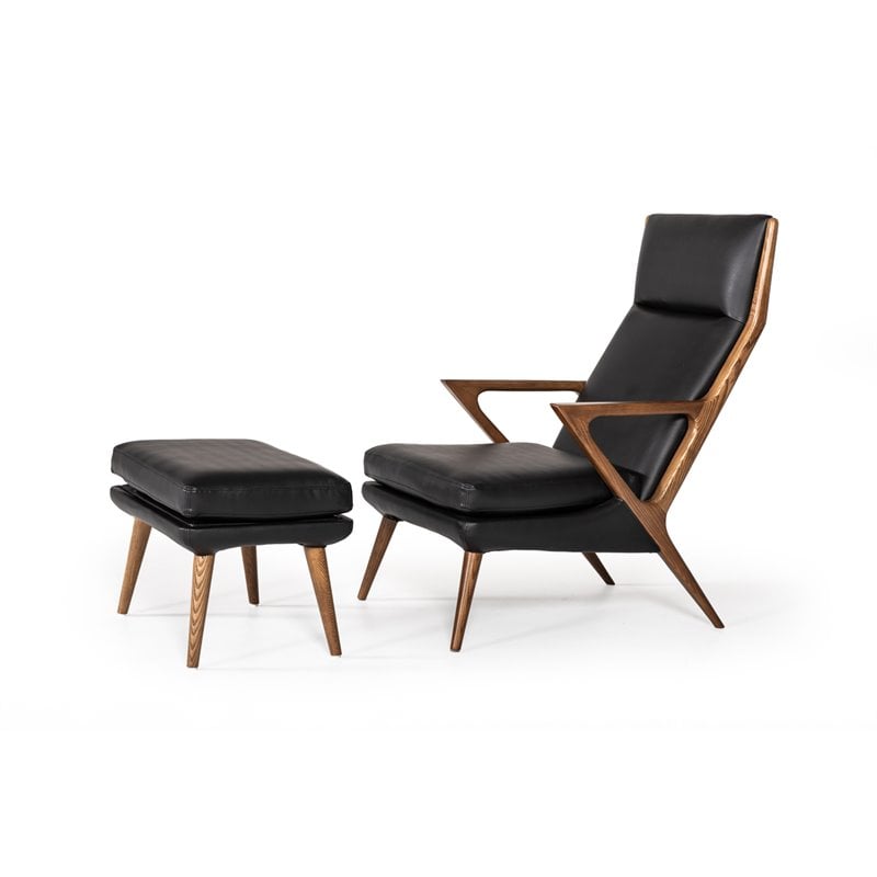 Limari Home Fulton Faux Leather & Wood Lounge Chair & Ottoman in Black/Walnut