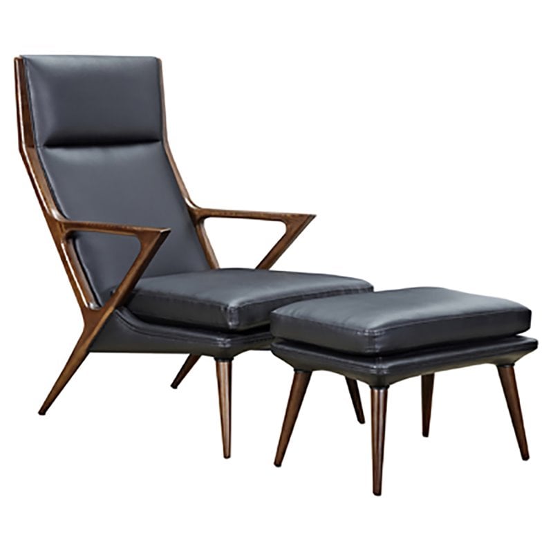Limari Home Fulton Faux Leather & Wood Lounge Chair & Ottoman in Black/Walnut
