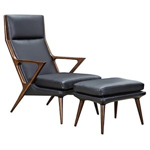 limari home fulton faux leather & wood lounge chair & ottoman in black/walnut