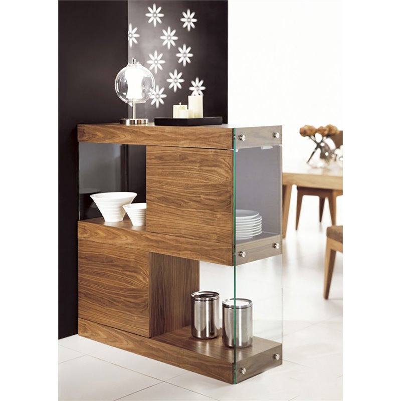 Limari Home Aura Square Modern Wood Veneer & Tempered Glass Cabinet in Walnut