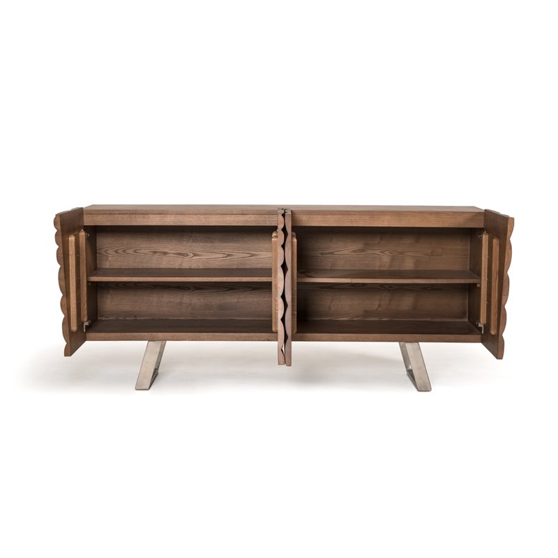 Limari Home Finley 4-Door Mid-Century Wood & Stainless Steel Buffet in Walnut