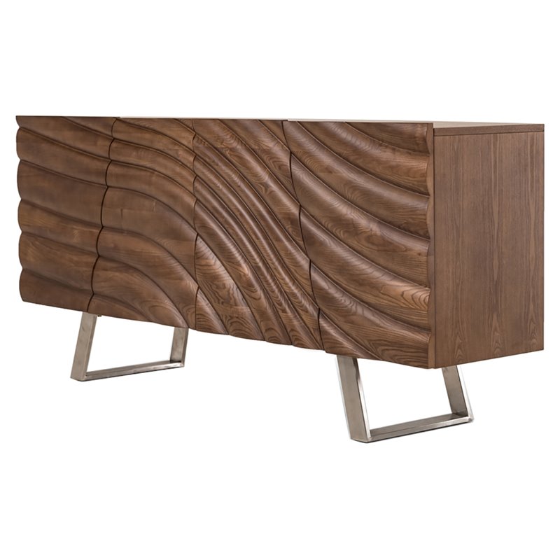 Limari Home Finley 4-Door Mid-Century Wood & Stainless Steel Buffet in Walnut