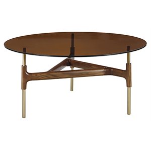 Limari Home Lawson 39&quot Round  Glass & Stainless Steel Coffee Table in Walnut