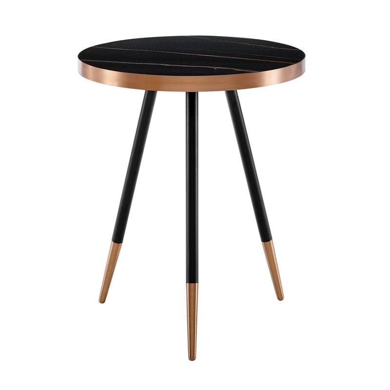 Limari Home Cayson Round Modern Ceramic & Marble End Table in Black/Rose Gold