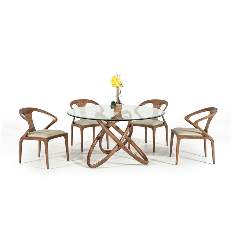 Limari Home Mason Round Modern Glass & Wood Dining Table in Clear/Walnut
