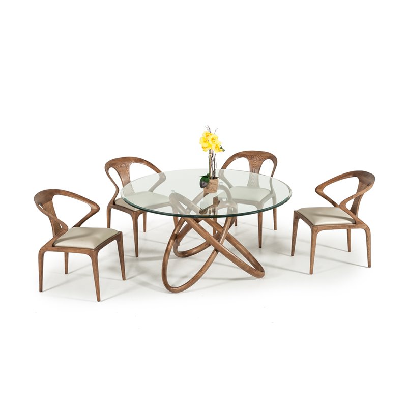 Limari Home Mason Round Modern Glass & Wood Dining Table in Clear/Walnut