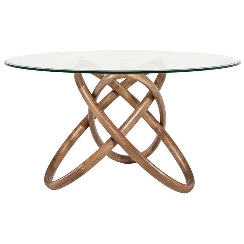 Limari Home Mason Round Modern Glass & Wood Dining Table in Clear/Walnut