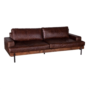 world interiors chiavari leather/wood sofa in dark reddish brown