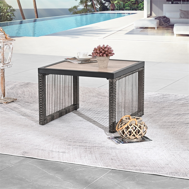 Patio Festival Outdoor Wicker / Rattan and Metal Side End Table in Gray
