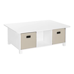 riverridge 6-cubby wood kids storage activity table and 2 bins in white/taupe