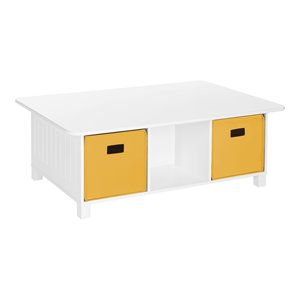 riverridge 6-cubby wood kids storage activity table and 2 bins in white/yellow