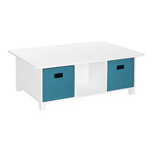riverridge 6-cubby wood kids storage activity table and 2-bin in white/turquoise