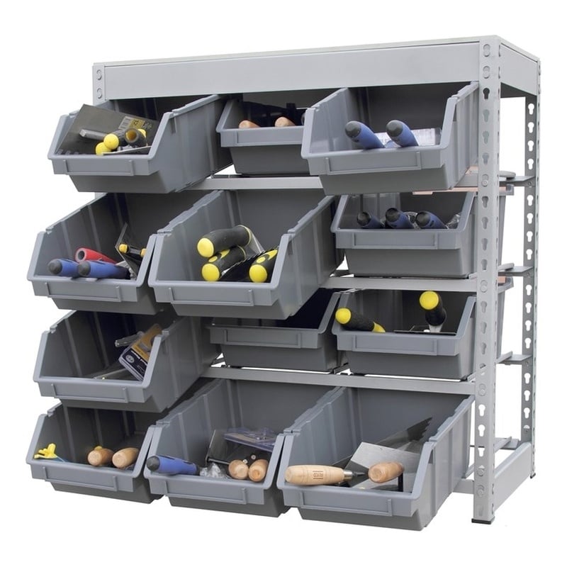 King's Rack 4-Tier Metal Organizer Shelving Rack with 12 Bins in Gray