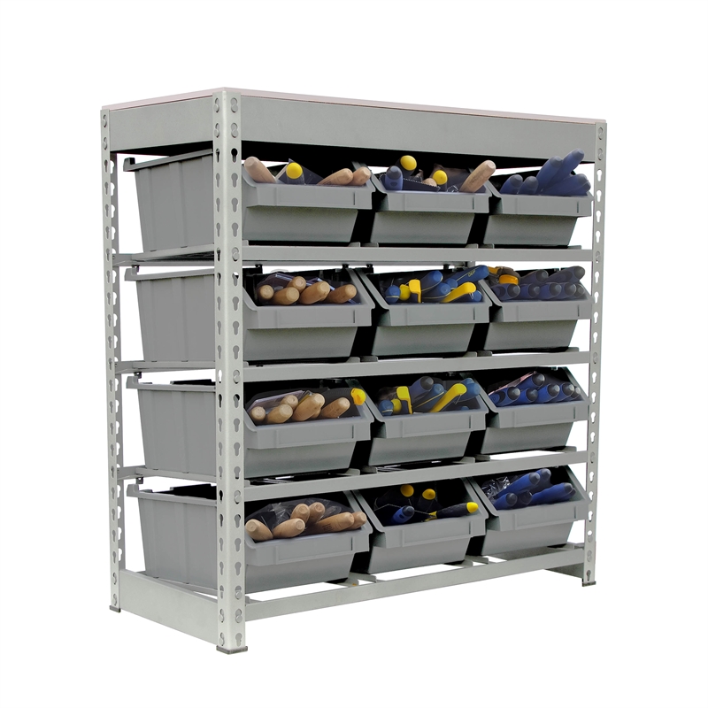 King's Rack 4-Tier Metal Organizer Shelving Rack with 12 Bins in Gray