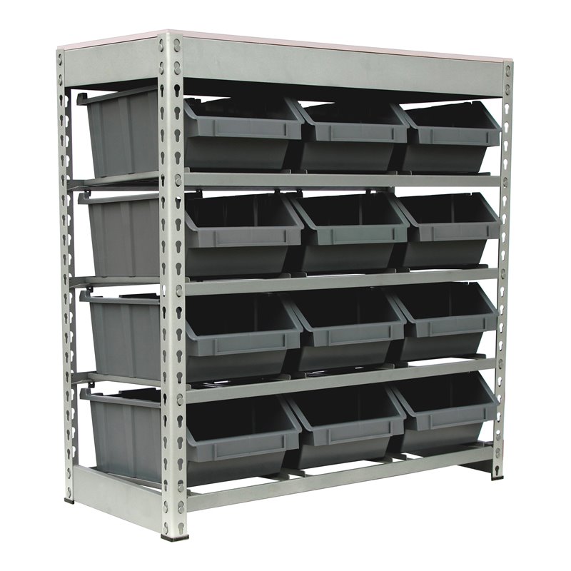 King's Rack 4-Tier Metal Organizer Shelving Rack with 12 Bins in Gray