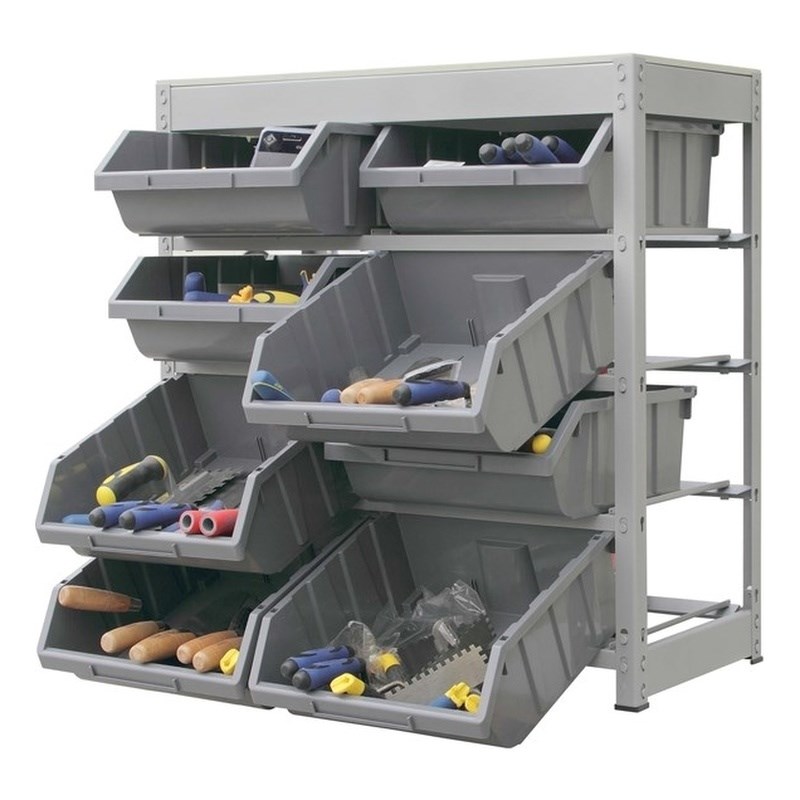 King's Rack 4-Tier Metal Organizer Shelving Rack with 8 Bins in Gray