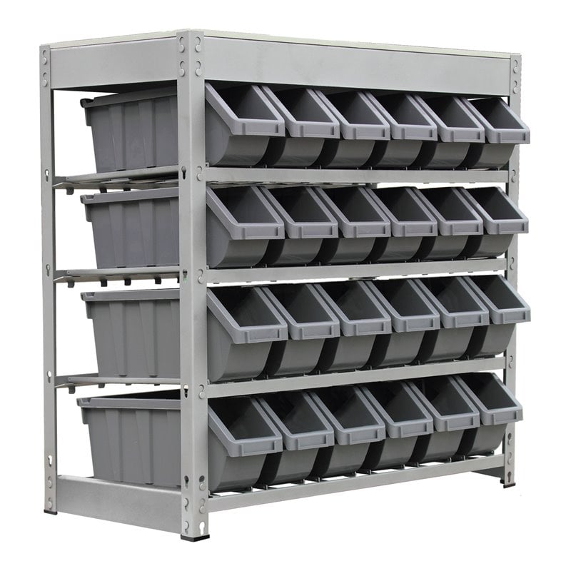 King's Rack 4-Tier Metal Organizer Shelving Rack with 24 Bins in Gray