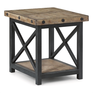 carpenter brown end table with metal frame and exposed bolt heads