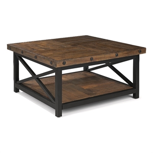 carpenter brown square coffee table with metal frame and exposed bolt heads