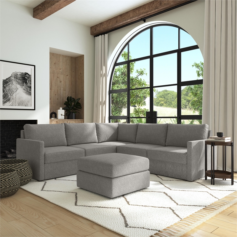 Flex Gray 5 Seat Sectional and Ottoman with with Performance Fabric