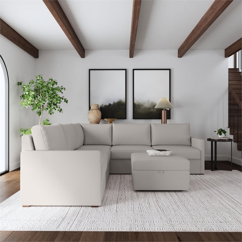 Flex Beige 5 Seat Sectional and Storage Ottoman with Performance Fabric