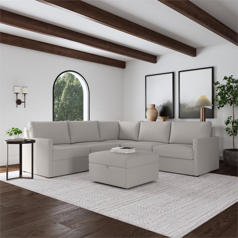 Flex Beige 5 Seat Sectional and Storage Ottoman with Performance Fabric