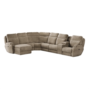 southern motion showstopper fabric power console reclining sectional in tan