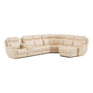southern motion showstopper leather power console-reclining sectional in cream