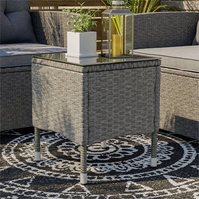 Muse & Lounge Co. Fields Outdoor Patio End Table in Gray PE Wicker / Rattan