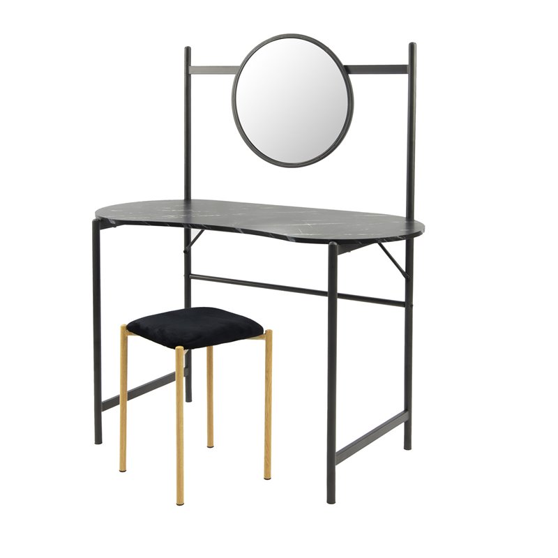 FurnitureR Looney Kidney-shaped Wood Writing Desk with Mirror in Marble Black