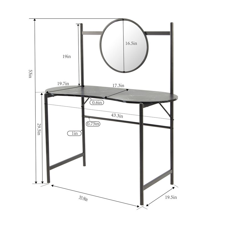 FurnitureR Looney Kidney-shaped Wood Writing Desk with Mirror in Marble Black