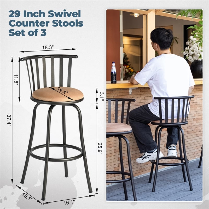 Homycasa Set of 3 Velvet Swivel 29in  Brown Barstools with Back.