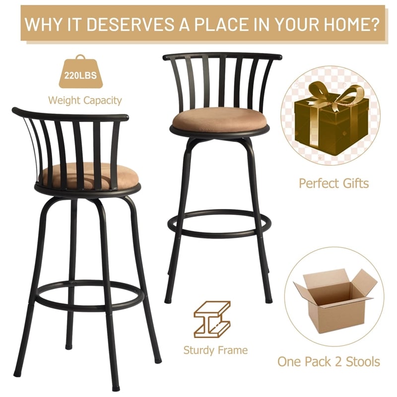 Homycasa Set of 3 Velvet Swivel 29in  Brown Barstools with Back.