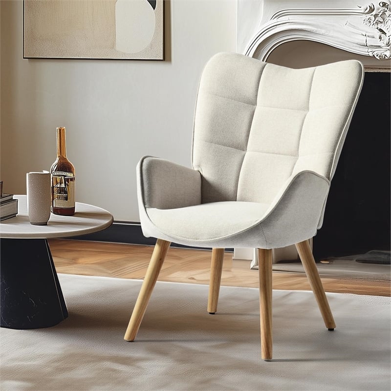 FurnitureR Modern Fabric Upholstered Accent Chair in Beige/Wood Legs