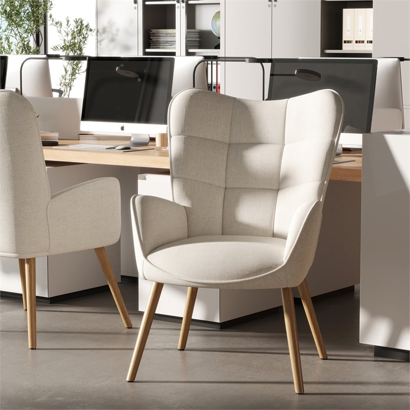 FurnitureR Modern Fabric Upholstered Accent Chair in Beige/Wood Legs