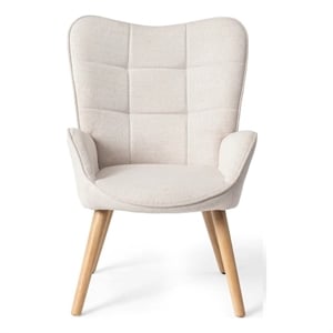 FurnitureR Modern Fabric Upholstered Accent Chair in Beige/Wood Legs