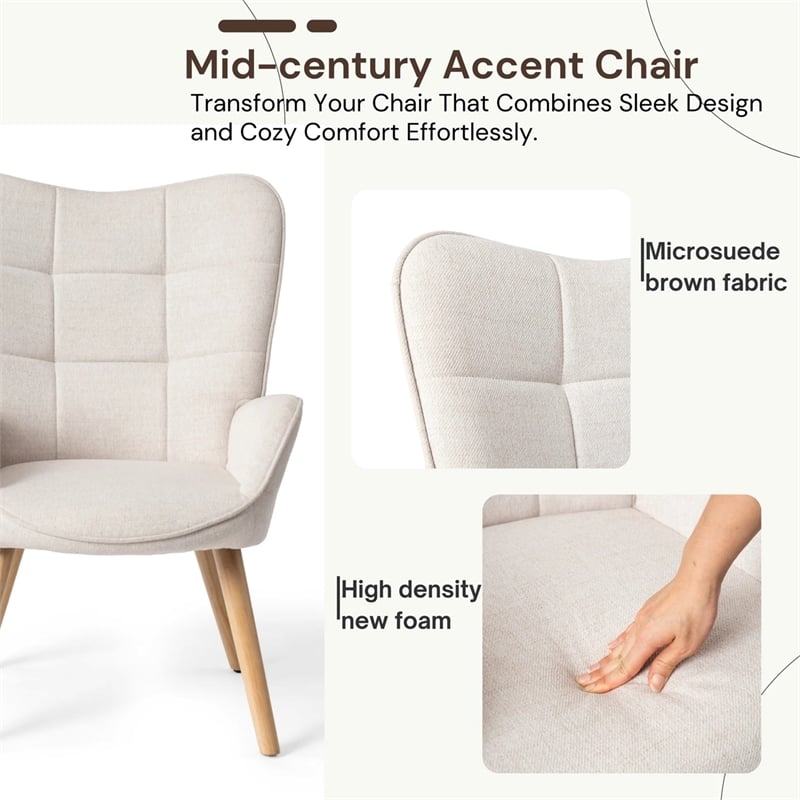 FurnitureR Modern Fabric Upholstered Accent Chair in Beige/Wood Legs