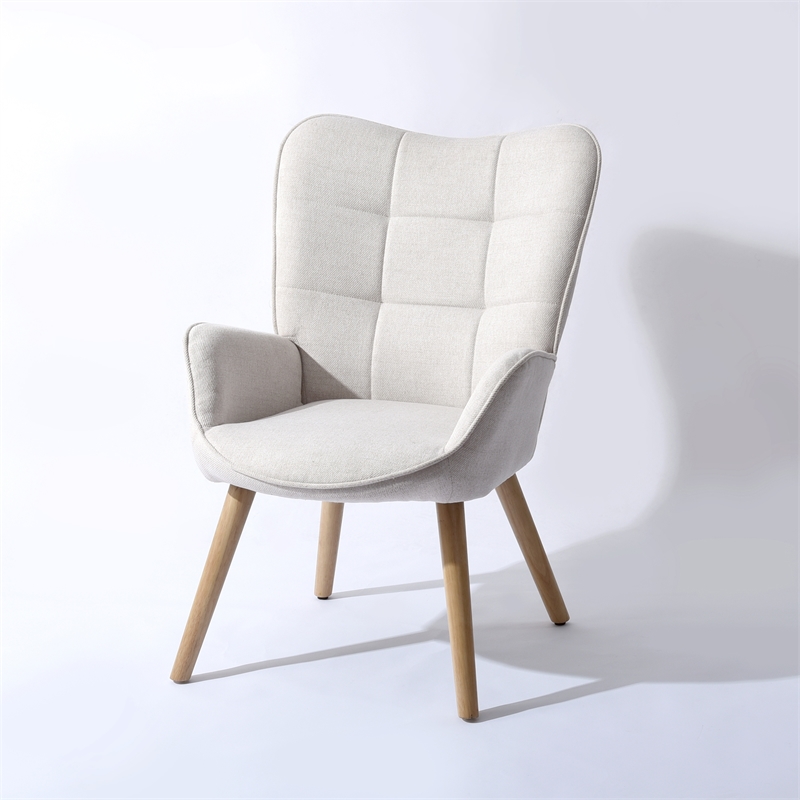 FurnitureR Modern Fabric Upholstered Accent Chair in Beige/Wood Legs