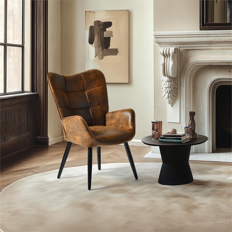 Homycasa Modern Suede Fabric Accent Chair in Brown/Black Metal Legs
