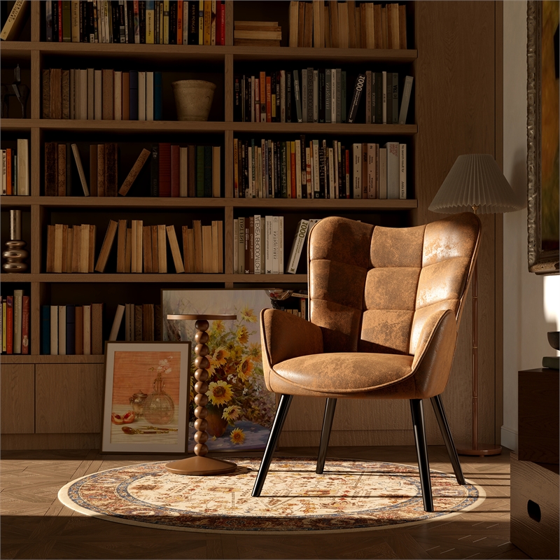 Homycasa Modern Suede Fabric Accent Chair in Brown/Black Metal Legs