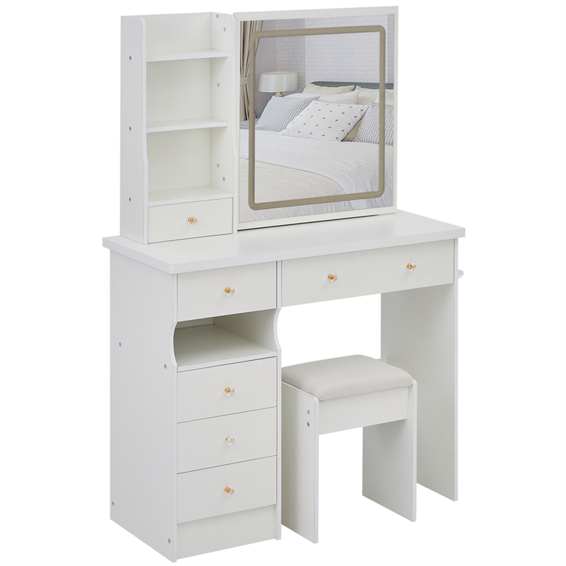 Homycasa Modern Vanity Desk with Mirror and Storage Shelves-White