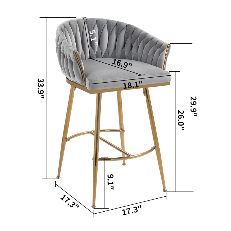 Homycasa Set of 2 Modern Velvet Bar Stools with Gold Frame-Gray