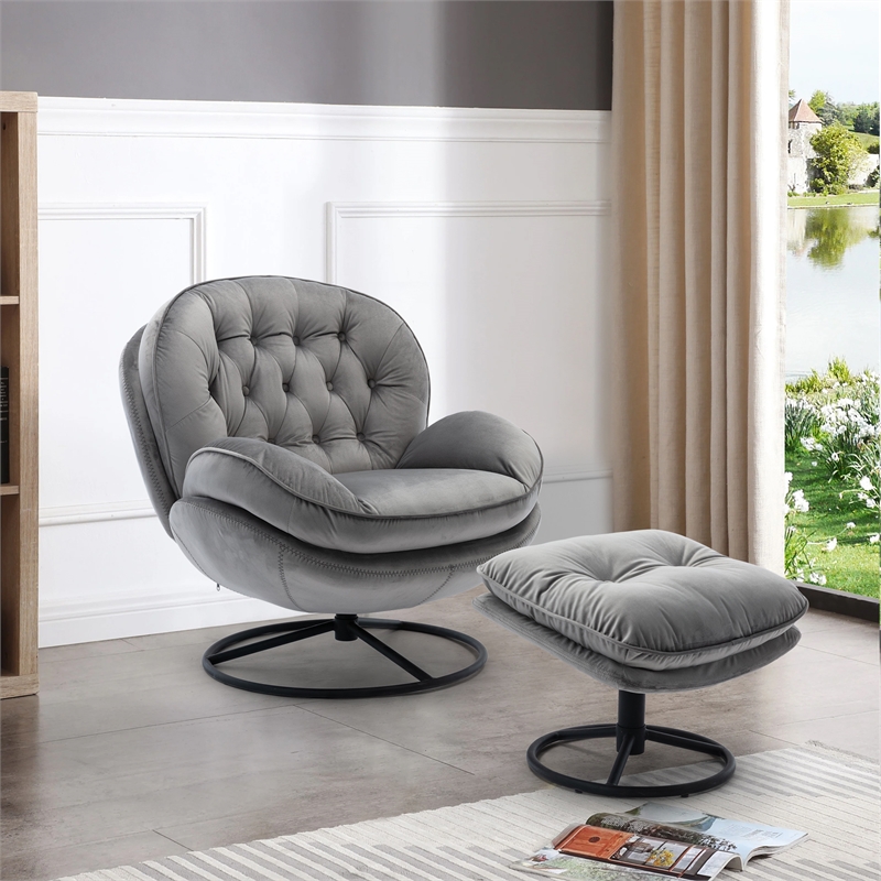 Homycasa Modern Swivel Lounge Chair with Ottoman&Velvet Upholstery-Gray