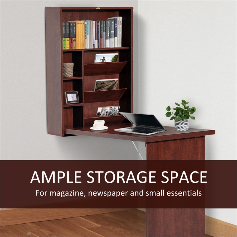 Homycasa Wall-Mounted Folding Brown Desk with Storage Shelves
