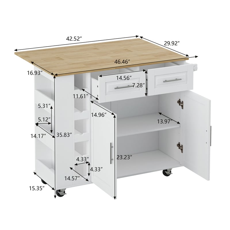Homycasa Rolling Kitchen Island with Wine Rack&Drop-Leaf Countertop-White