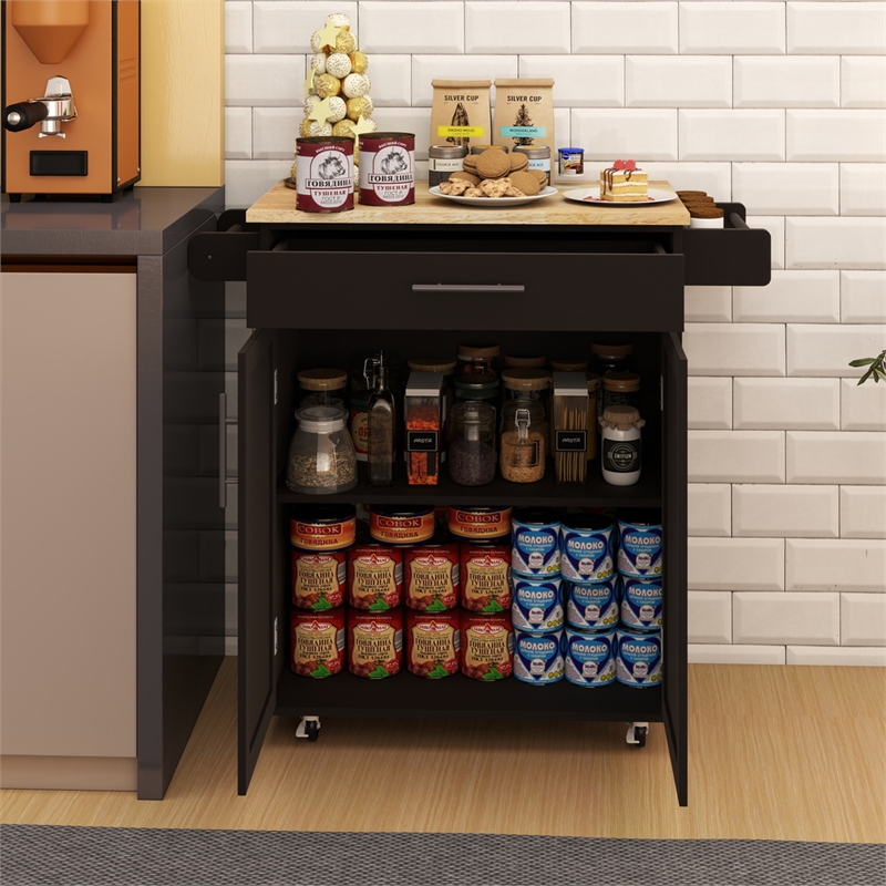 Homycasa Compact Rolling Kitchen Island with Drop-Leaf Countertop-Black