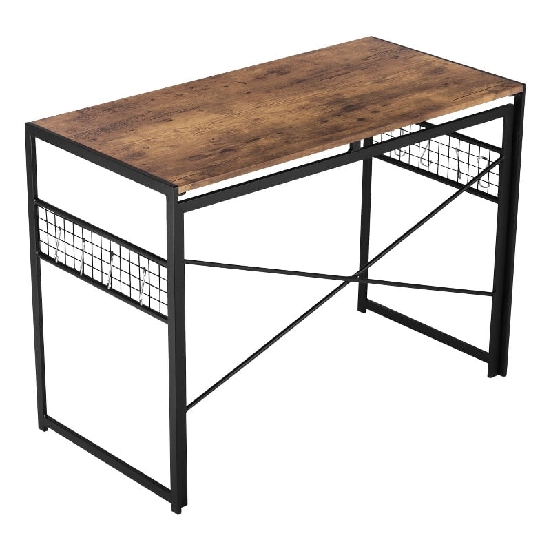 Homycasa Home Office Desk with Storage Hooks and Metal Frame Brown